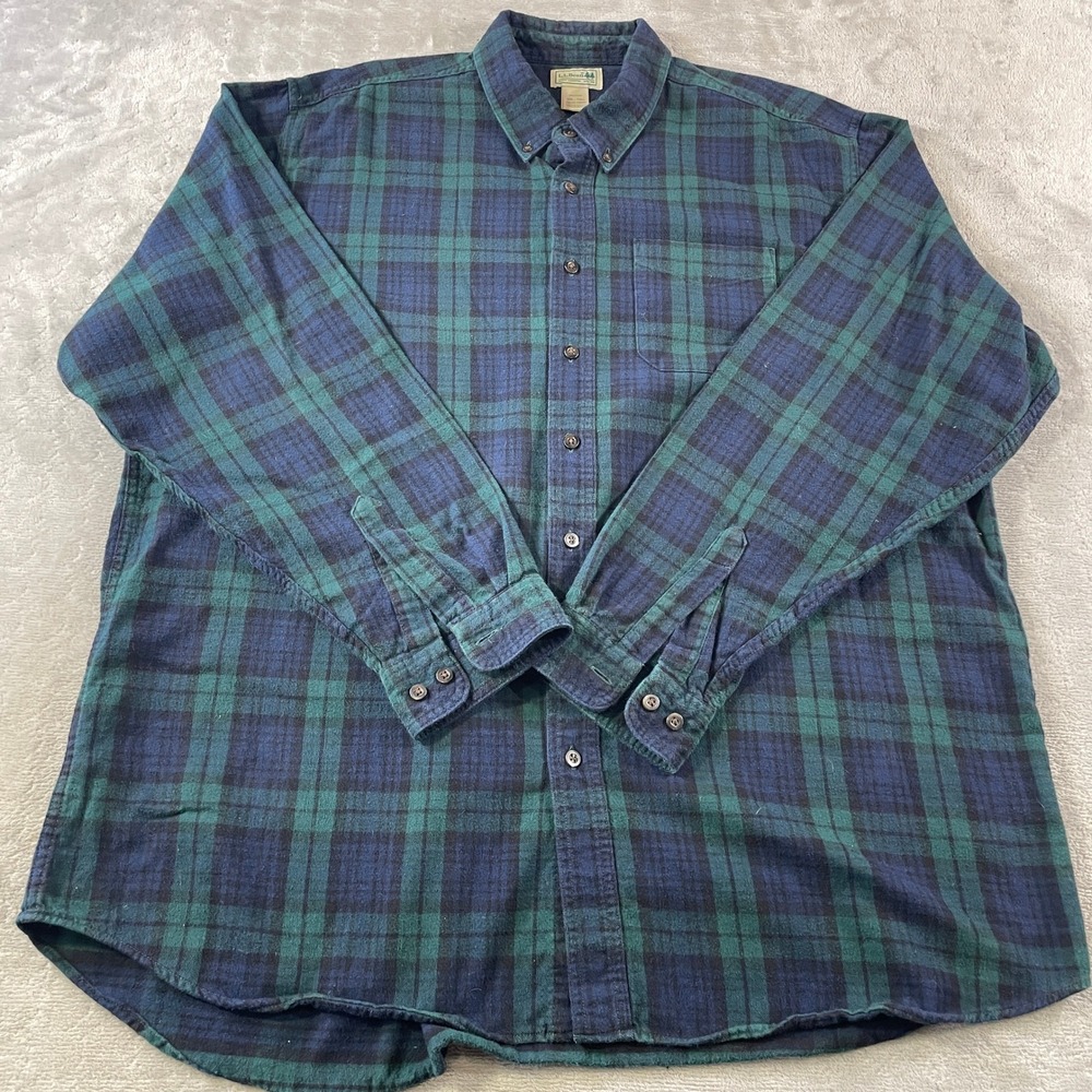 LL Bean Flannel Shirt Mens XXL Tall Green Blue Black Watch Plaid Holiday Fall